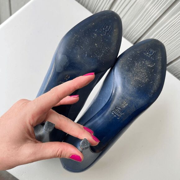 Vintage Bruno Magli Italy Slate Blue Pumps 38.5 / US 8 Leather Heels Blue Soles - Picture 9 of 16